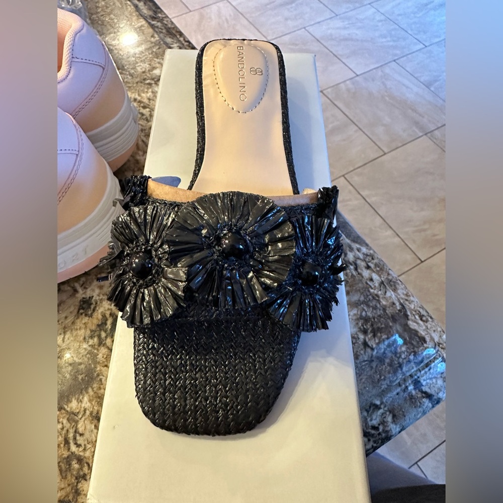 Bandolino Black Textured Mules with Floral Embellishments